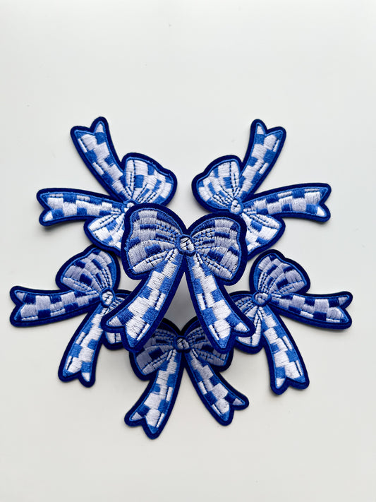 Checkered Bow Hat Patch- Blue