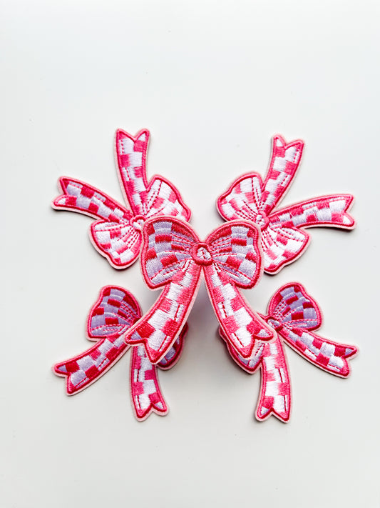 Checkered Bow Hat Patch- Pink