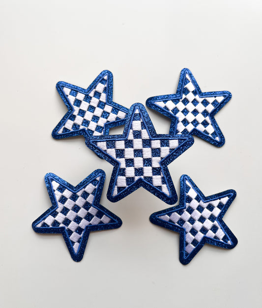 Checkered Glitter Star Patch- Blue