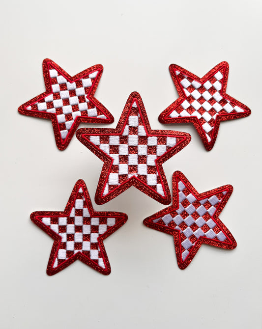 Checkered Glitter Star Patch- Red