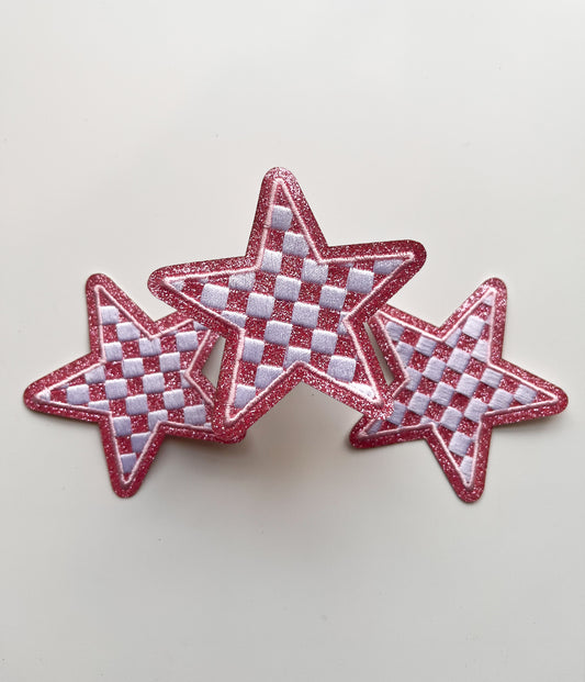 Checkered Glitter Star Patch- Pink