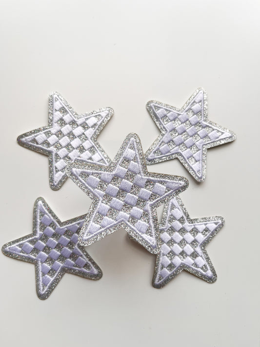 Checkered Glitter Star Patch- Silver