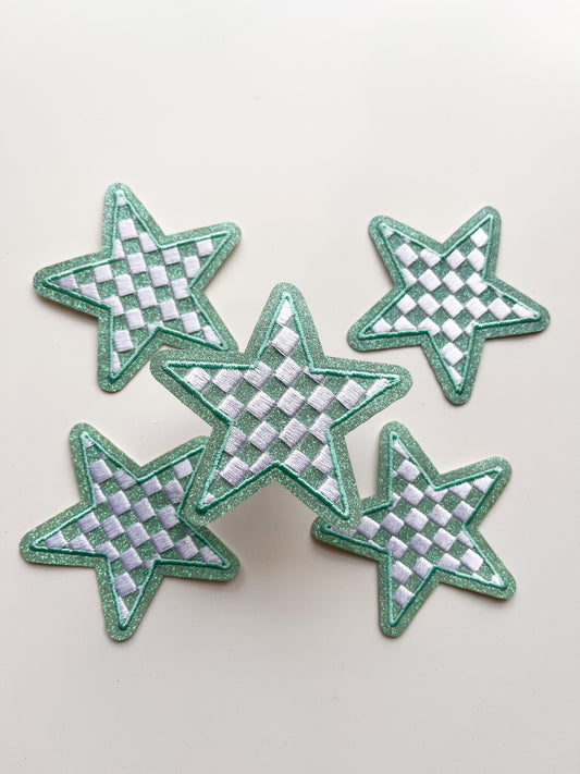 Checkered Glitter Star Patch- Seafoam