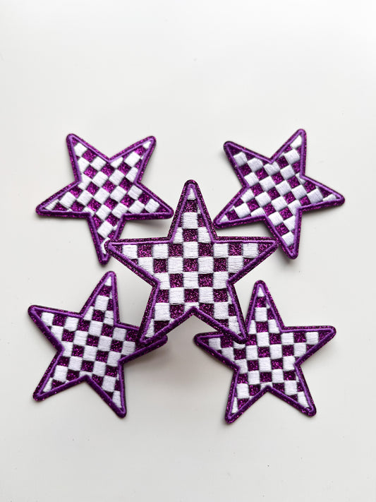 Checkered Glitter Star Patch- Purple