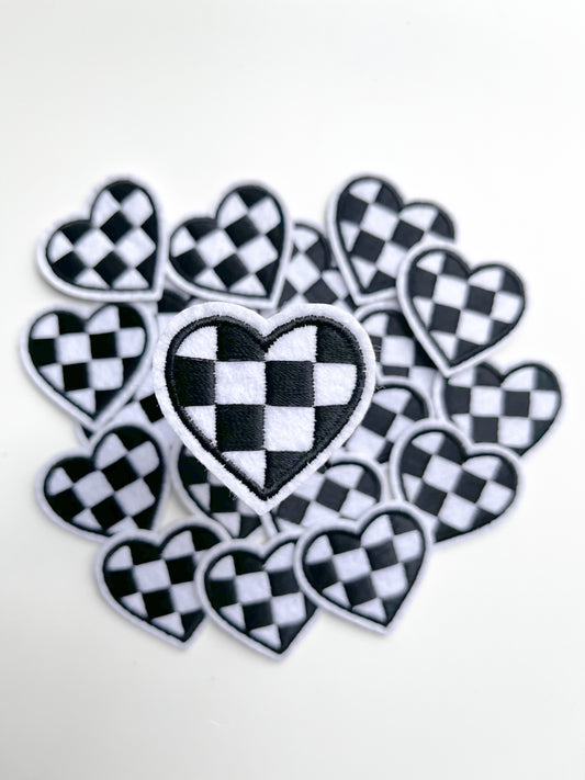 Iron on Hat Patch- White/Black Checkered Heart