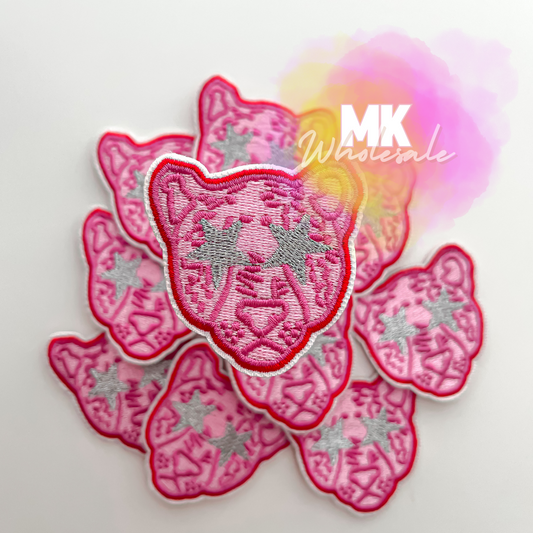 Hat Patch- Embroidered Pink Jaguar Head
