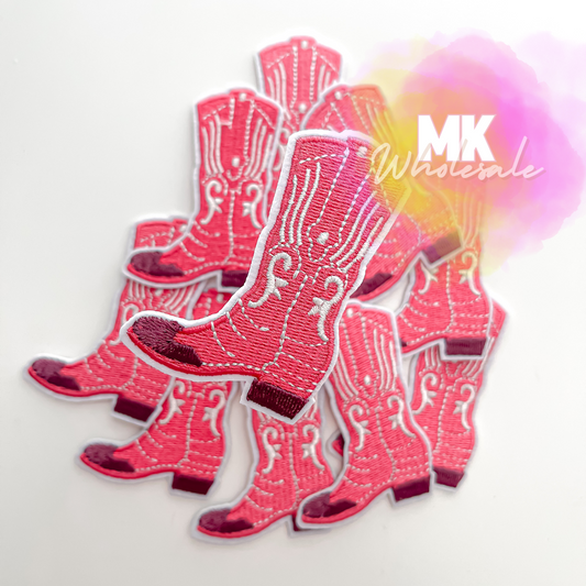 Hat Patch- Embroidered Pink Western Boot