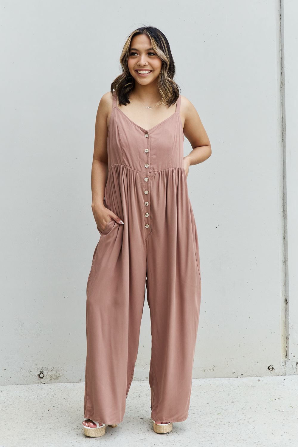 All Day Wide Leg Button Down Jumpsuit in Mocha