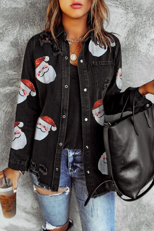 Sequin Santa Snap Down Raw Hem Jacket