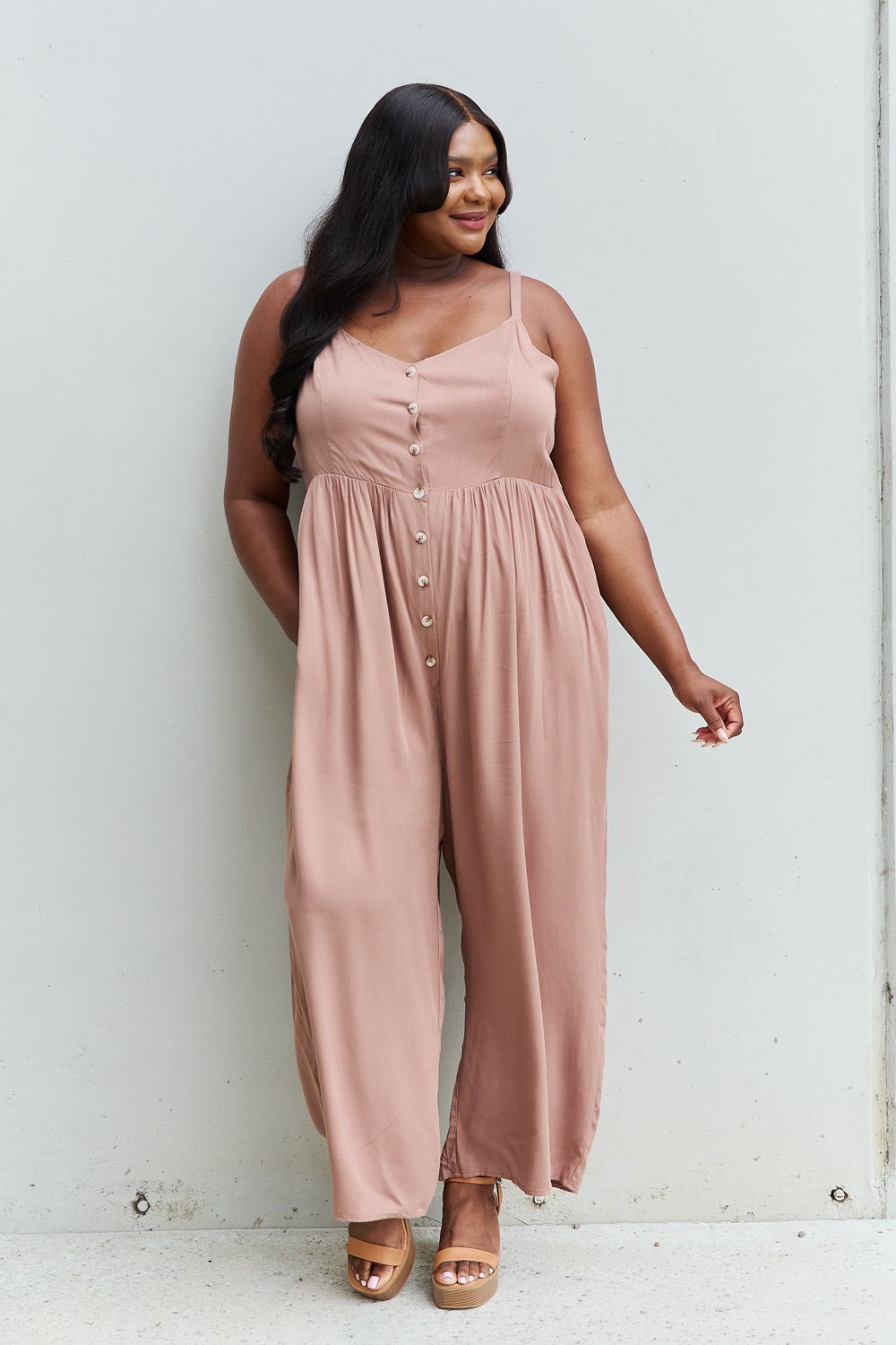 All Day Wide Leg Button Down Jumpsuit in Mocha