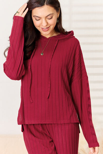Basic Bae Full Size Ribbed Drawstring Hood Top and Pants Set