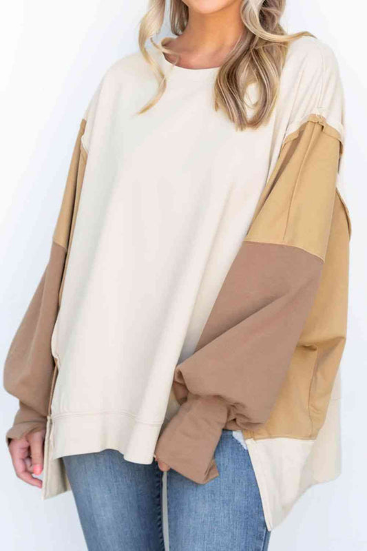 Khaki Color Block Exposed Seam Lantern Sleeve Sweatshirt