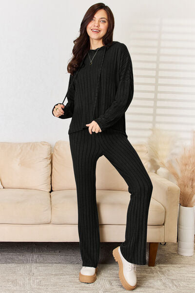 Basic Bae Full Size Ribbed Drawstring Hood Top and Pants Set