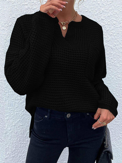 Notched Long Sleeve Sweater with Pocket