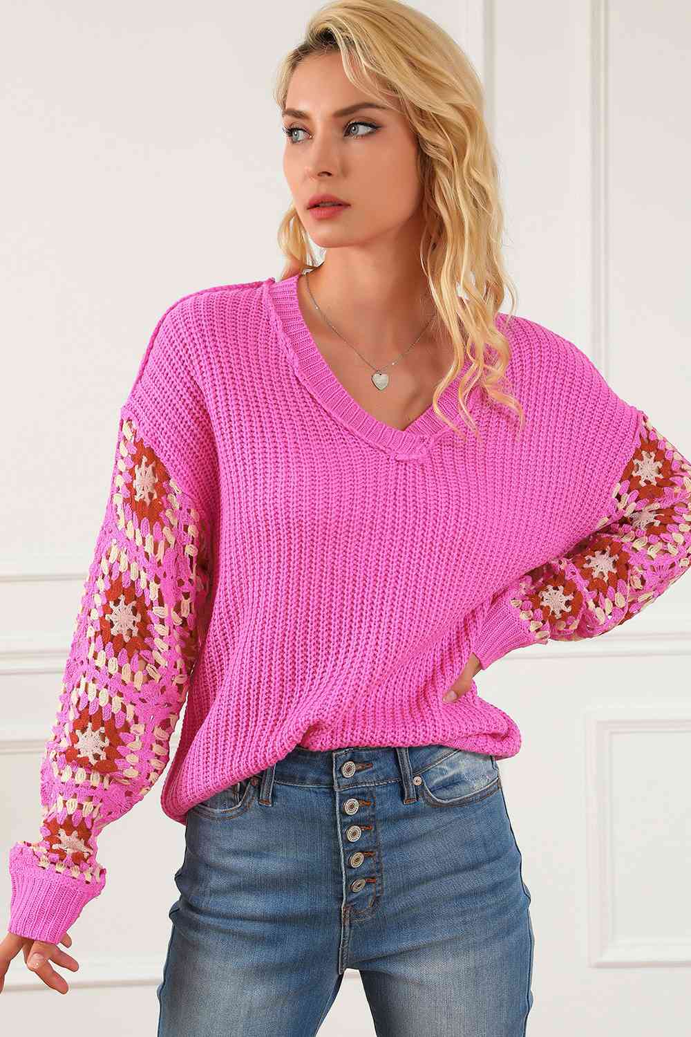 Exposed Seam V-Neck Knit Sleeve Sweater