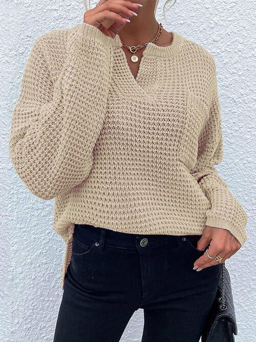 Notched Long Sleeve Sweater with Pocket