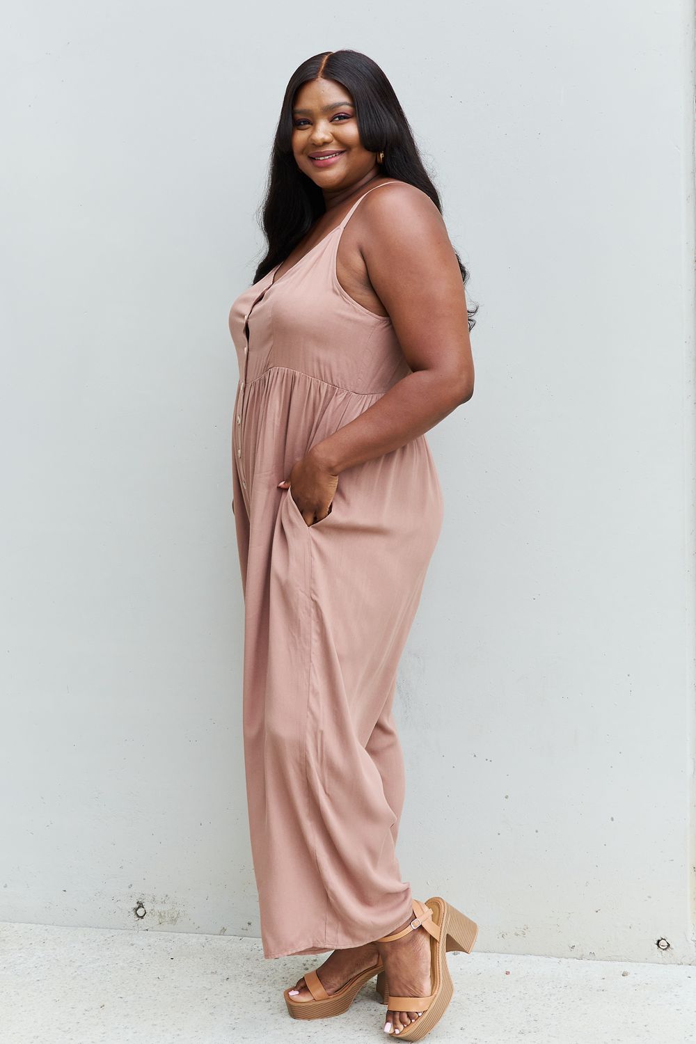 All Day Wide Leg Button Down Jumpsuit in Mocha