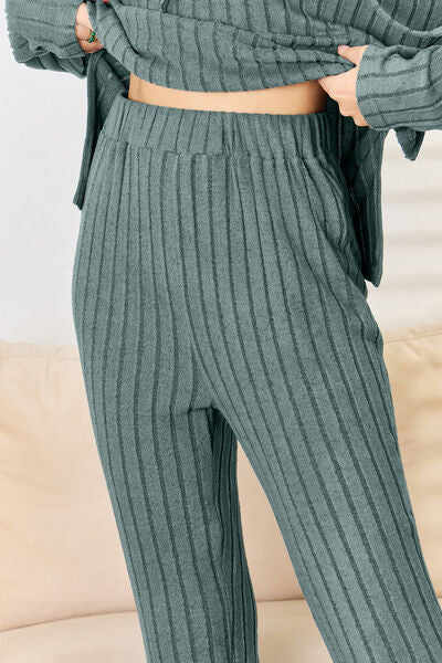 Basic Bae Full Size Ribbed Drawstring Hood Top and Pants Set