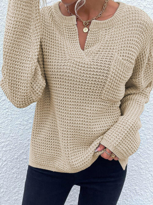 Notched Long Sleeve Sweater with Pocket