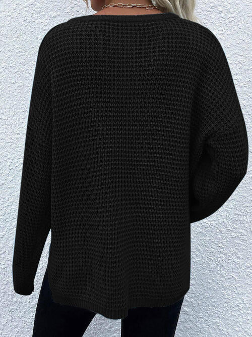 Notched Long Sleeve Sweater with Pocket