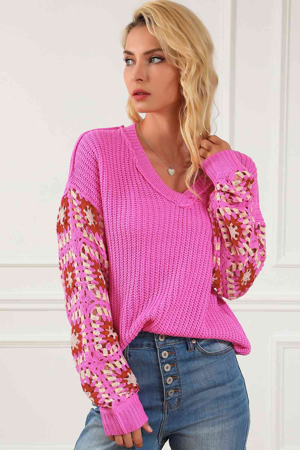 Exposed Seam V-Neck Knit Sleeve Sweater