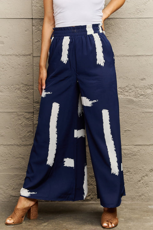 Navy Printed Wide Leg Long Pants