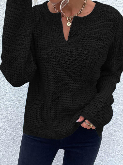 Notched Long Sleeve Sweater with Pocket
