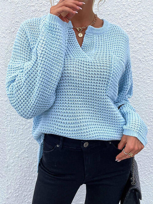 Notched Long Sleeve Sweater with Pocket