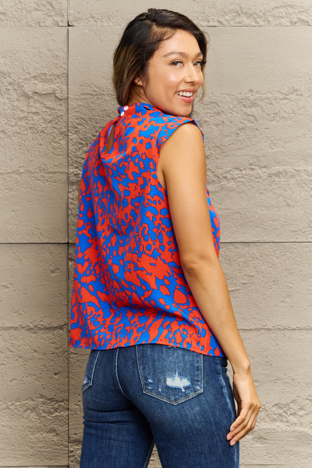 Orange & Blue Printed Round Neck Tank Top
