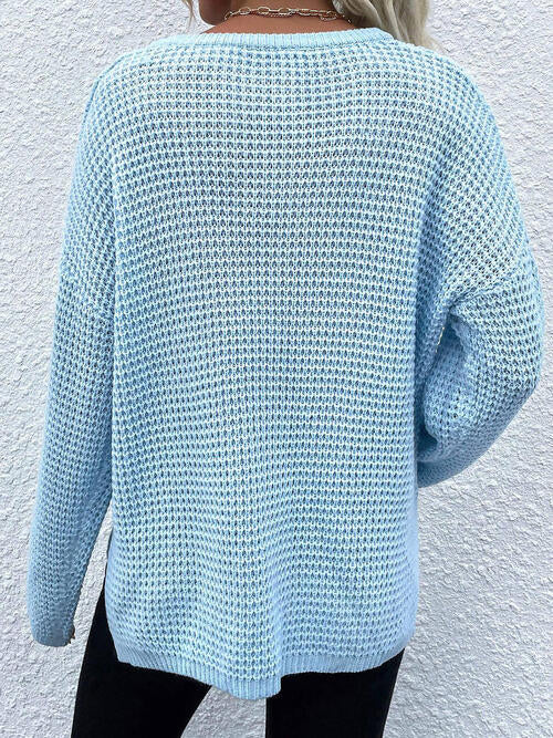 Notched Long Sleeve Sweater with Pocket