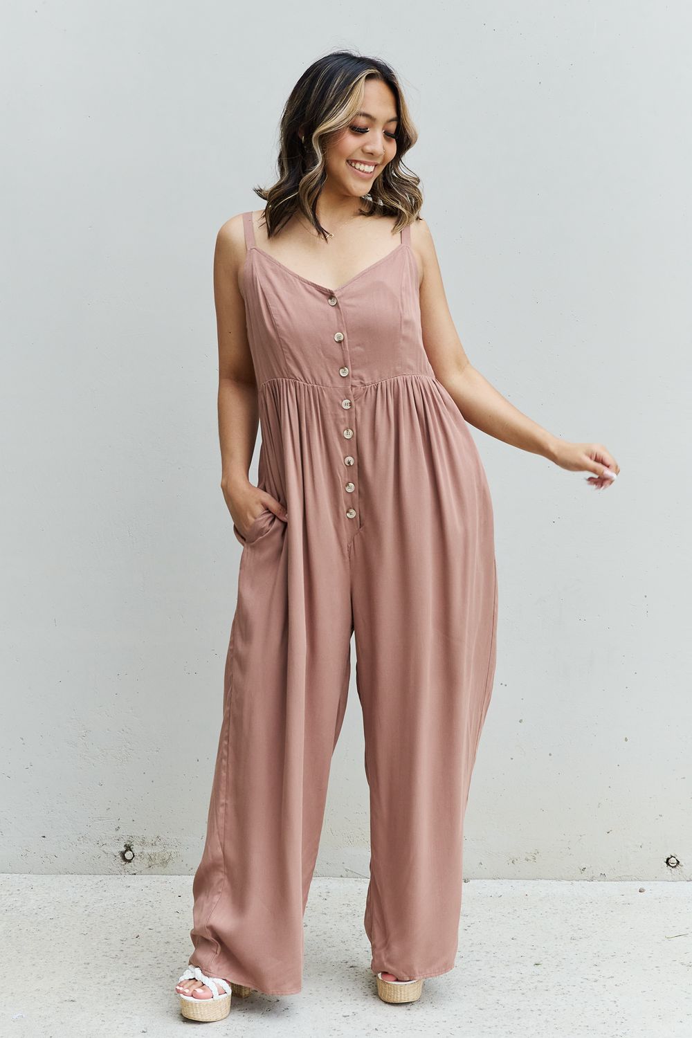 All Day Wide Leg Button Down Jumpsuit in Mocha