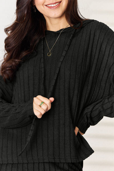 Basic Bae Full Size Ribbed Drawstring Hood Top and Pants Set