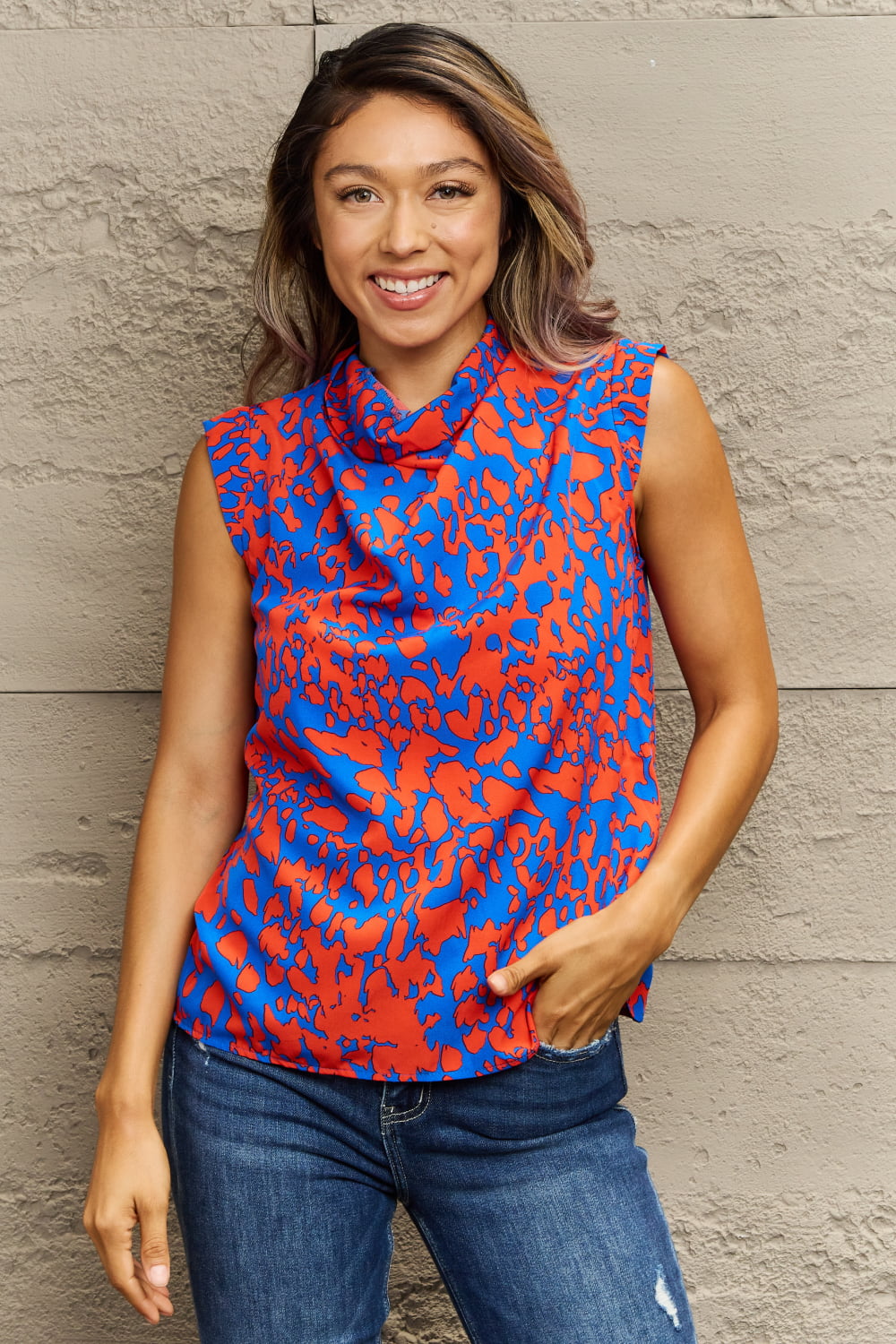 Orange & Blue Printed Round Neck Tank Top