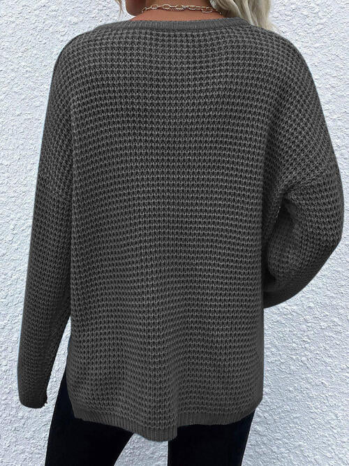 Notched Long Sleeve Sweater with Pocket