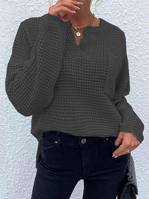 Notched Long Sleeve Sweater with Pocket
