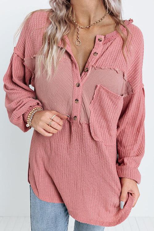 Half Button Raw Hem Long Sleeve