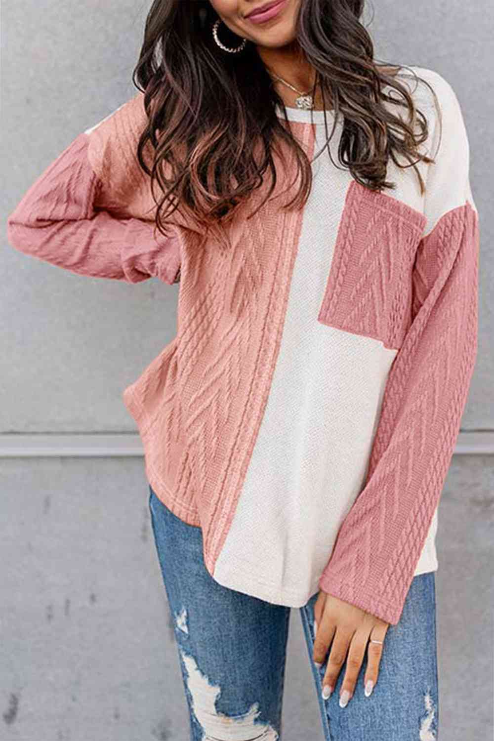 Two Sided Color Block Cable-Knit Top