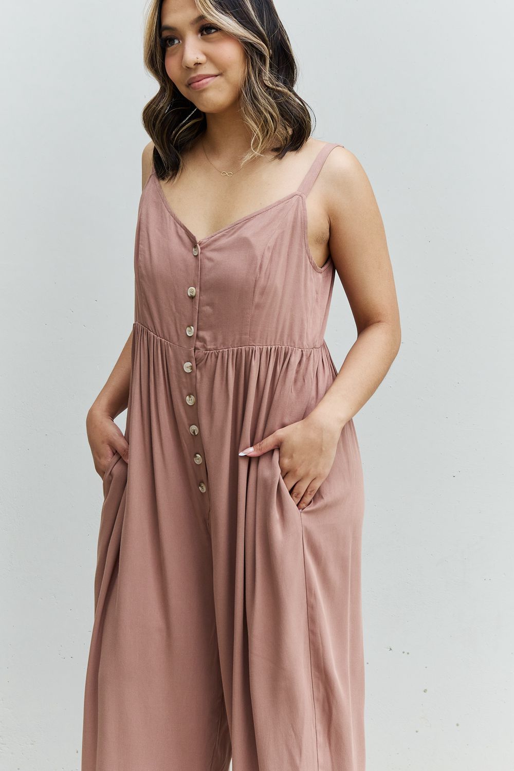 All Day Wide Leg Button Down Jumpsuit in Mocha