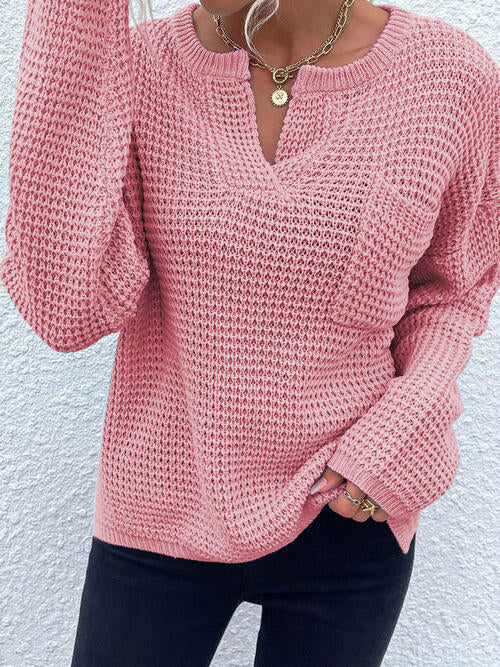 Notched Long Sleeve Sweater with Pocket