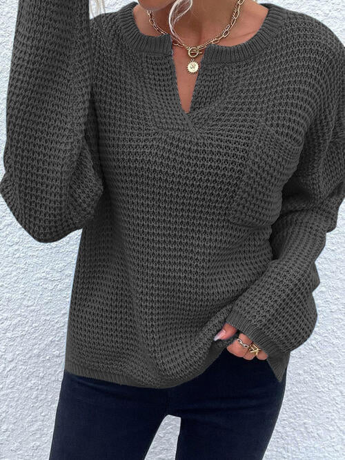 Notched Long Sleeve Sweater with Pocket