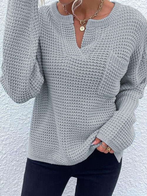 Notched Long Sleeve Sweater with Pocket