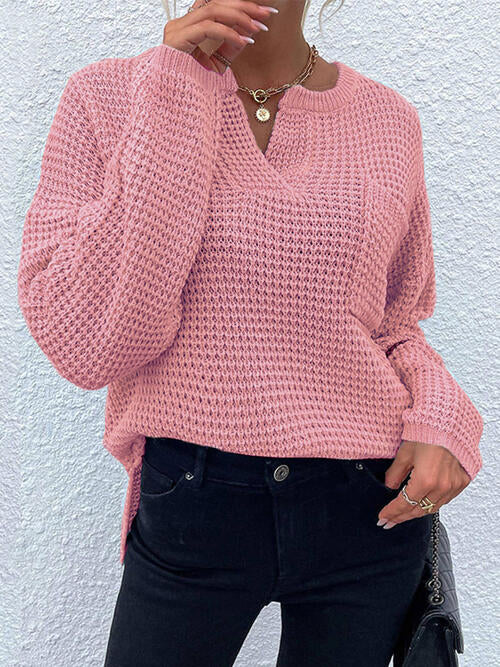 Notched Long Sleeve Sweater with Pocket