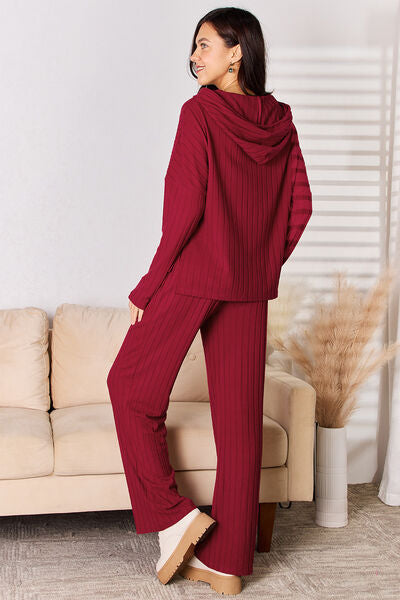 Basic Bae Full Size Ribbed Drawstring Hood Top and Pants Set