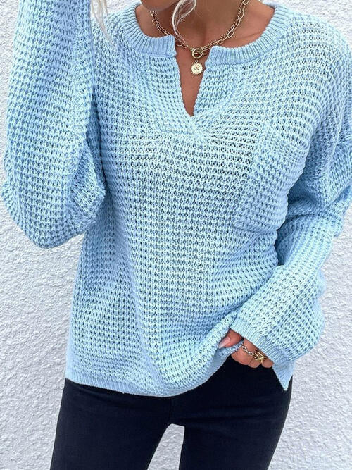 Notched Long Sleeve Sweater with Pocket