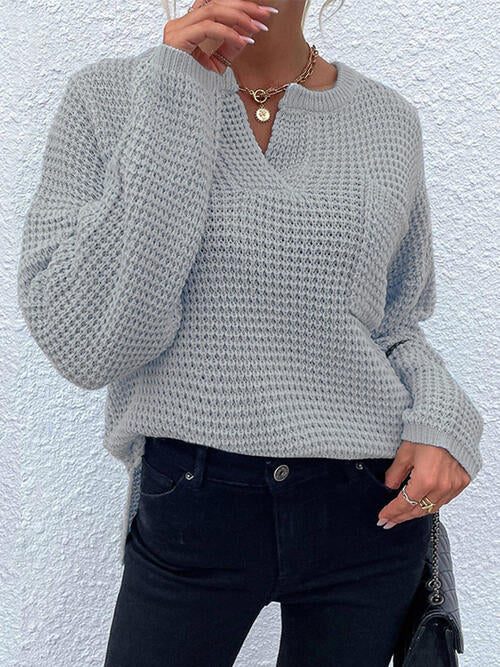 Notched Long Sleeve Sweater with Pocket