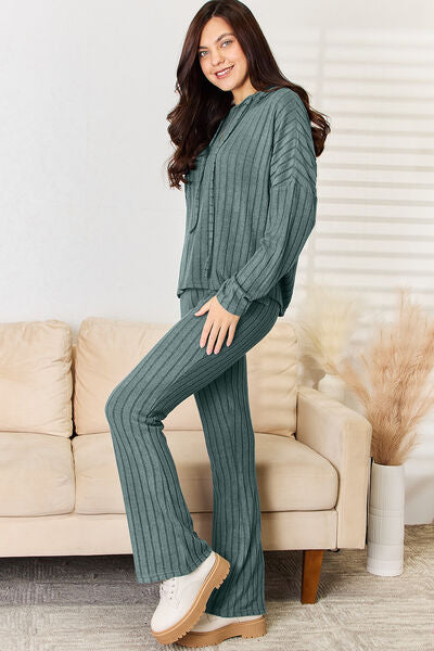 Basic Bae Full Size Ribbed Drawstring Hood Top and Pants Set
