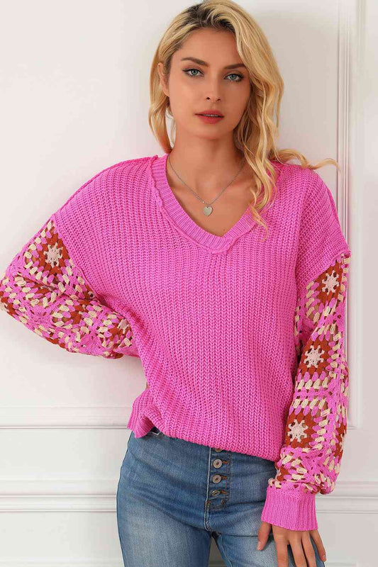 Exposed Seam V-Neck Knit Sleeve Sweater