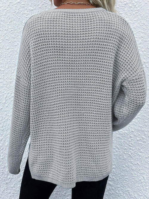 Notched Long Sleeve Sweater with Pocket