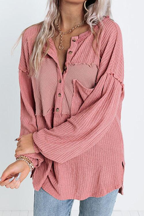 Half Button Raw Hem Long Sleeve