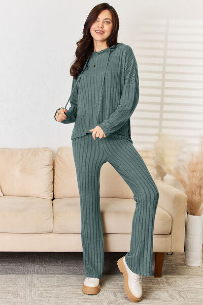 Basic Bae Full Size Ribbed Drawstring Hood Top and Pants Set